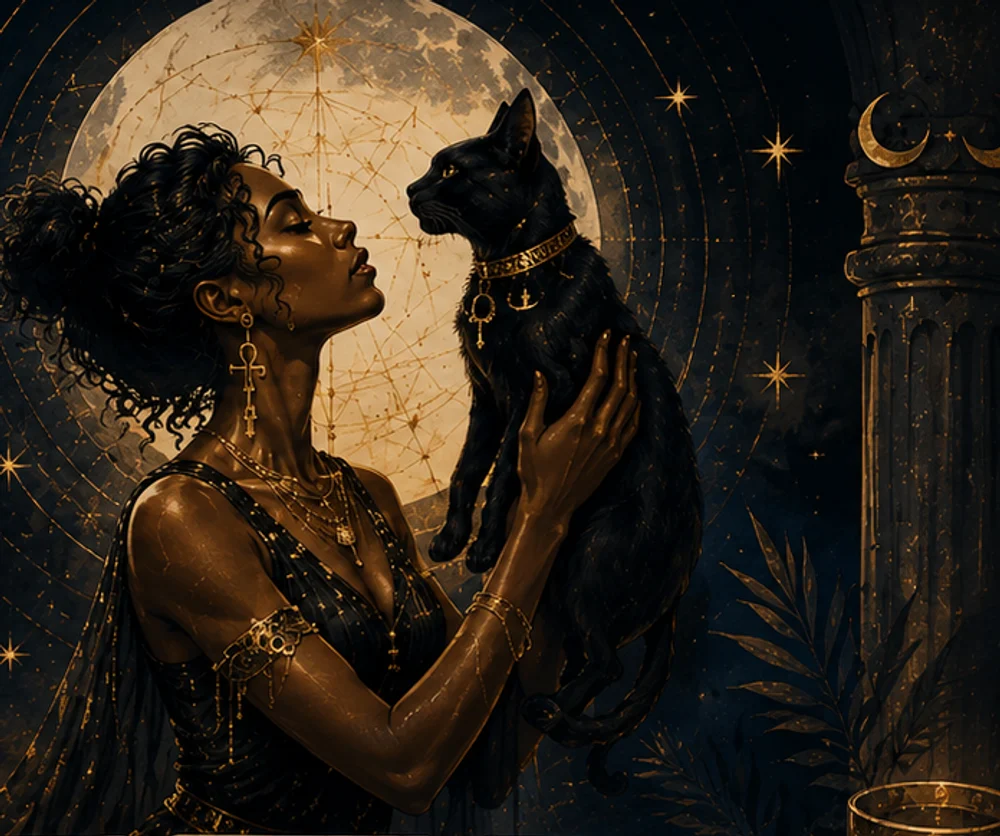 The Cat Priestess holding her black cat beneath the moon